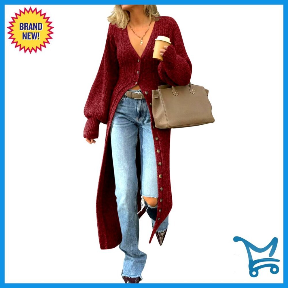 Chunky Knit Maxi Cardigan V-Neck Button Down Sweater Dress Duster Coat